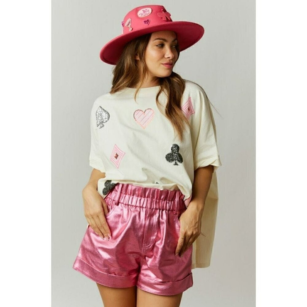 Poker Face Oversized Sequin Top in Cream - Picture 5 of 8